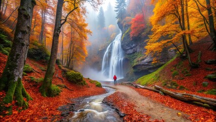 Wall Mural - A lone figure admires the cascading water of a misty waterfall, surrounded by a breathtaking display of vibrant autumn foliage.