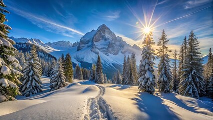 Poster - A Frozen Path Leading Towards a Majestic, Snow-Covered Mountain Peak, Bathed in the Golden Rays of a Setting Sun