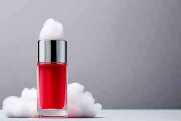 Bottle of red nail polish is sitting on a table with a cloud of foam on top of it