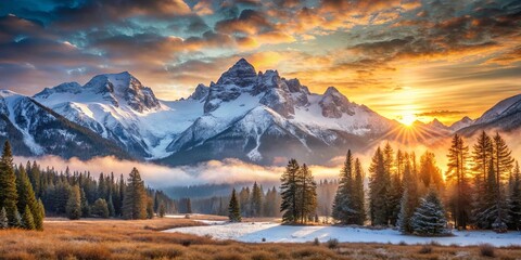 Poster - A wintery sunrise bathes a snow-capped mountain range in a golden glow, while a forest of evergreens stands silhouetted against the vibrant sky