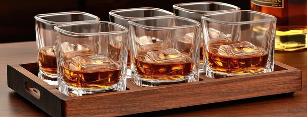 Explore the rich flavors of whiskey with a curated tasting set on an oak tray, featuring elegant snifter glasses and artisan bottles