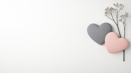 A simple, modern background with two overlapping hearts, one in grey and one in light pink, on a plain white canvas