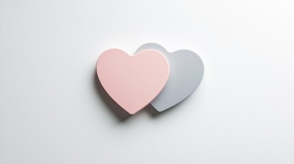 A simple, modern background with two overlapping hearts, one in grey and one in light pink, on a plain white canvas