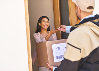 Poster - front door, delivery man and woman with package, tablet and courier with ecommerce. apartment, emplo