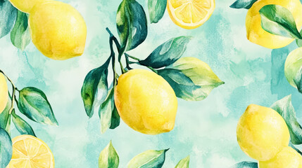 Wall Mural - Hand drawn watercolor painting of lemons with green leaves. Aesthetic watercolor wallpaper print. Generative AI