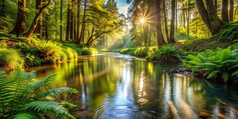 Wall Mural - Golden Sunlight Bathes a Tranquil Forest Stream, Illuminating Lush Greenery and Reflecting a Serene Atmosphere