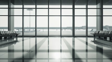 Aufkleber - Sunlight is streaming through the windows of an empty airport terminal waiting area overlooking the airfield and planes