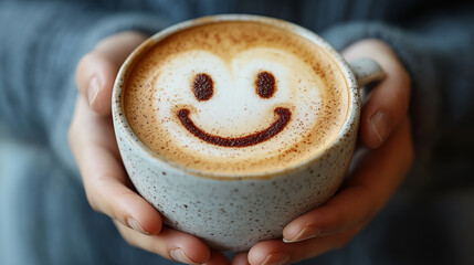 Wall Mural - Cup of coffee with a smiley face on milk foam in female hands