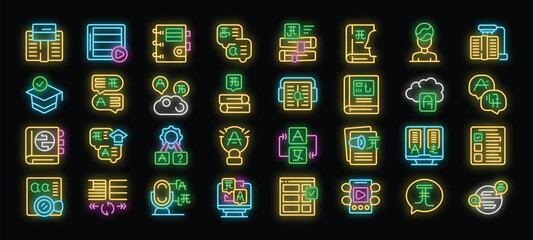 Poster - foreign language learning and translation neon icons set vector. foreign language educational books 