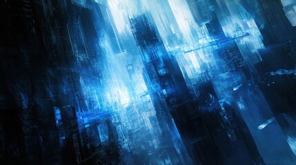 Poster - A blend of abstract blue lines and a futuristic cityscape forms a captivating backdrop, perfect for presentations showcasing technological innovation and urban development.