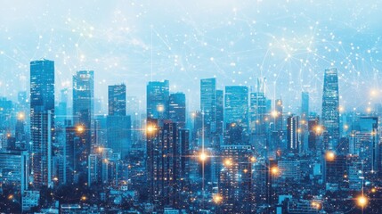 Poster - A blend of abstract blue lines and a futuristic cityscape forms a captivating backdrop, perfect for presentations showcasing technological innovation and urban development.