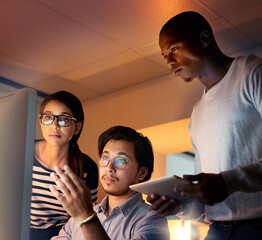 Poster - Programmer, office and computer work at night with staff and database developer team with software development. Planning, conversation and cybersecurity update with it people and web coding strategy