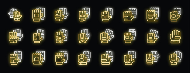 Poster - Bright yellow neon icons depicting different types of protective gloves on a dark background