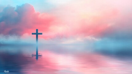 Misty sky with a cross on a water background.