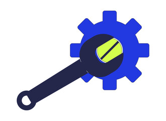 Poster - Wrench unscrewing screw on gear 2D cartoon object. Spanner turning cogwheel. Workshop maintenance. Work tool with cog wheel isolated element flat vector clipart on white background. Spot illustration