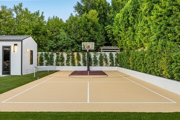 Modern backyard sports court with greenery.