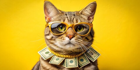 Cool Cat in Sunglasses Wearing a Money Necklace, Cat , Money