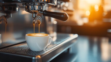 A cup of freshly brewed espresso is being filled from a coffee machine as sunlight streams in, highlighting the rich coffee color.