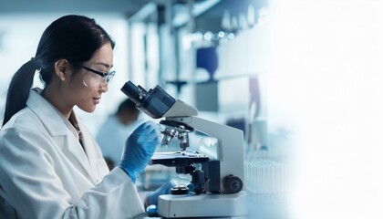 Scientist at Microscope: Focused Female Researcher in Lab Coat