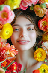 Young woman lying in flowers. Femininity, beautiful fashion model with perfect makeup and skin, top view. International Women's Day, Valentine's day, beauty photography