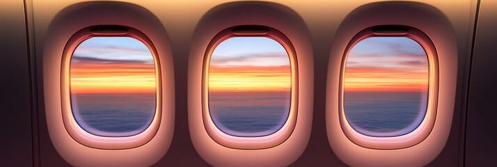 Poster - Watching the sunset from three airplane windows. The sky is painted in orange and blue hues. Offering a panoramic view of clouds and horizon. Evoking a sense of freedom and adventure on your journey