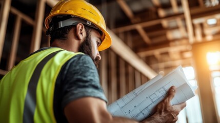 A dedicated construction worker in safety gear intensely studies blueprints at a building site, captured during early morning hours, reflecting dedication and focus on growth.