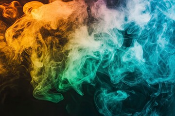 Whiffs of green glowing smoke and swirls of aromatic colorful incense against a Black background. Dramatic haze effect for a spooky Halloween background. with generative ai