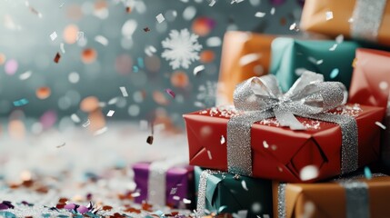 Piles of gift boxes adorned with shining silver ribbons sit amidst vibrant confetti and sparkling snowflakes, evoking feelings of celebration and joy in a surreal scene.