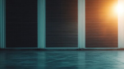 Poster - A sun sets, casting warm light through a series of vertical shutters creating geometric shadows and reflections on a cool, tiled floor, forming a calming visual scene.