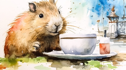 Cute brown capybara is sitting on a table with a white cup of coffee.