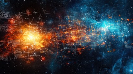 Poster - Against a starry backdrop, mathematical and physical formulas glow brightly, representing the connection between the cosmos and the quest for knowledge in science and education.