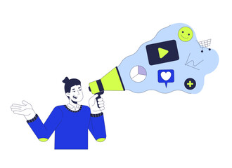  - Digital advertising 2D illustration concept. Social media advertiser megaphone cartoon character isolated on white. Brand promotion. Online marketing strategy metaphor abstract flat vector graphic