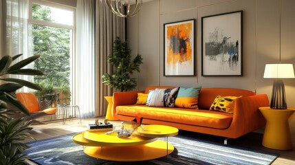 Canvas Print - Living room with orange sofa and yellow side tables 3D render