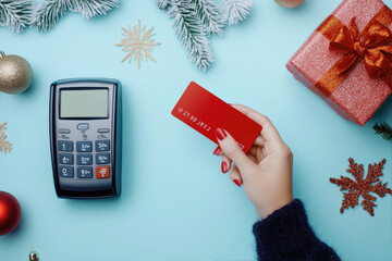 A flat lay of Christmas shopping items including a credit card and gift boxes.