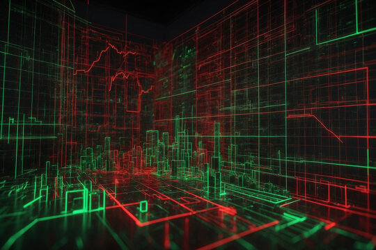 3D stock diagram in green and red for stock movements