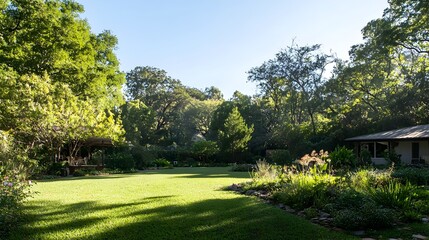 Photograph showcasing a comfortable and welcoming suburban family home with a expansive backyard featuring a beautifully landscaped garden area filled with flourishing greenery flowers