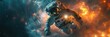 © nataliya_ua - Astronaut floats through a vibrant cosmic landscape filled with fiery nebulas and distant stars. Generative AI