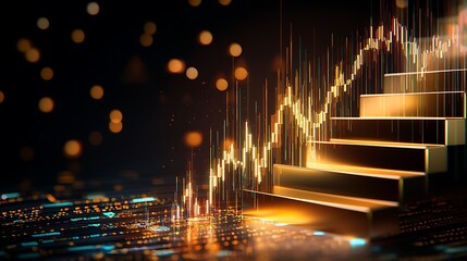 Poster - Abstract image depicting a golden staircase representing financial growth, market trends, and investment opportunities with vibrant data visuals.