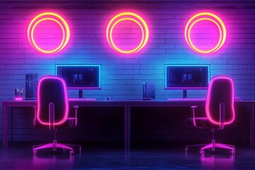 Neon lit futuristic workspace with three computers and chairs symbolizing modern remote work digital communication and creative innovation