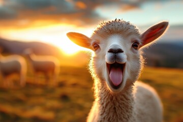 An adorable lamb smiles charmingly in a field during sunset, symbolizing innocence and the simple joys of life in a natural, pastoral setting, full of warmth.