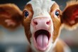 © DachAI - A cute calf with its mouth open expresses joy against a softly blurred background, highlighting its innocence and playful nature in a serene rural setting.