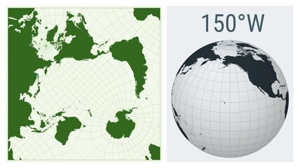 Poster - World Map Animation. Peirce quincuncial projection. Solid color style. Animated world map in Peirce Quincuncial projection. Loopable animation showing longitude shift and matching globe.