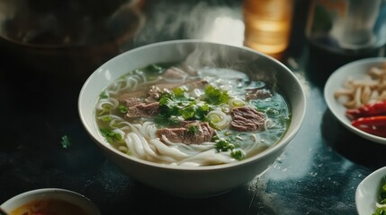 Wall Mural - Vietnamese Pho Bo soup with beef and noodles in dark tiled setting perfect for cuisine visuals