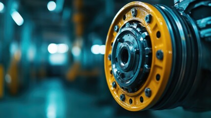 Poster - A close-up view captures intricate industrial machinery featuring yellow accents, set against a blurred industrial background, highlighting engineering precision.