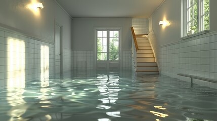 Wall Mural - Flooded interior space with serene water reflections illuminating the room's architectural details in daylight. Generative AI