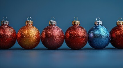 Wall Mural - Colorful glittering Christmas ornaments lined up beautifully on a blue background ready for festive decorations. Generative AI