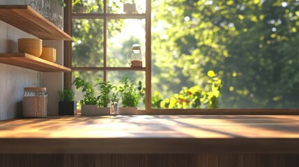 Wooden countertop in modern kitchen setting with window and shelves 3D render