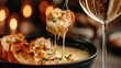 © Larisa AI - Mouth-watering cheese fondue showcasing melted cheese with crispy bread chunks, sprinkled with herbs, paired beautifully with a glass of white wine, perfect for sharing.