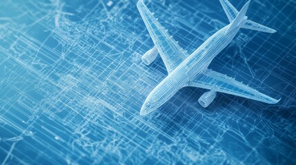 Aufkleber - Wireframe model of a passenger airplane hovering over an urban design blueprint, suggesting innovative city planning and transportation solutions
