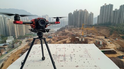 Aufkleber - A drone is positioned on a blueprint overlooking an expansive construction site surrounded by towering buildings on a cloudy day. Heavy machinery operates in the background.